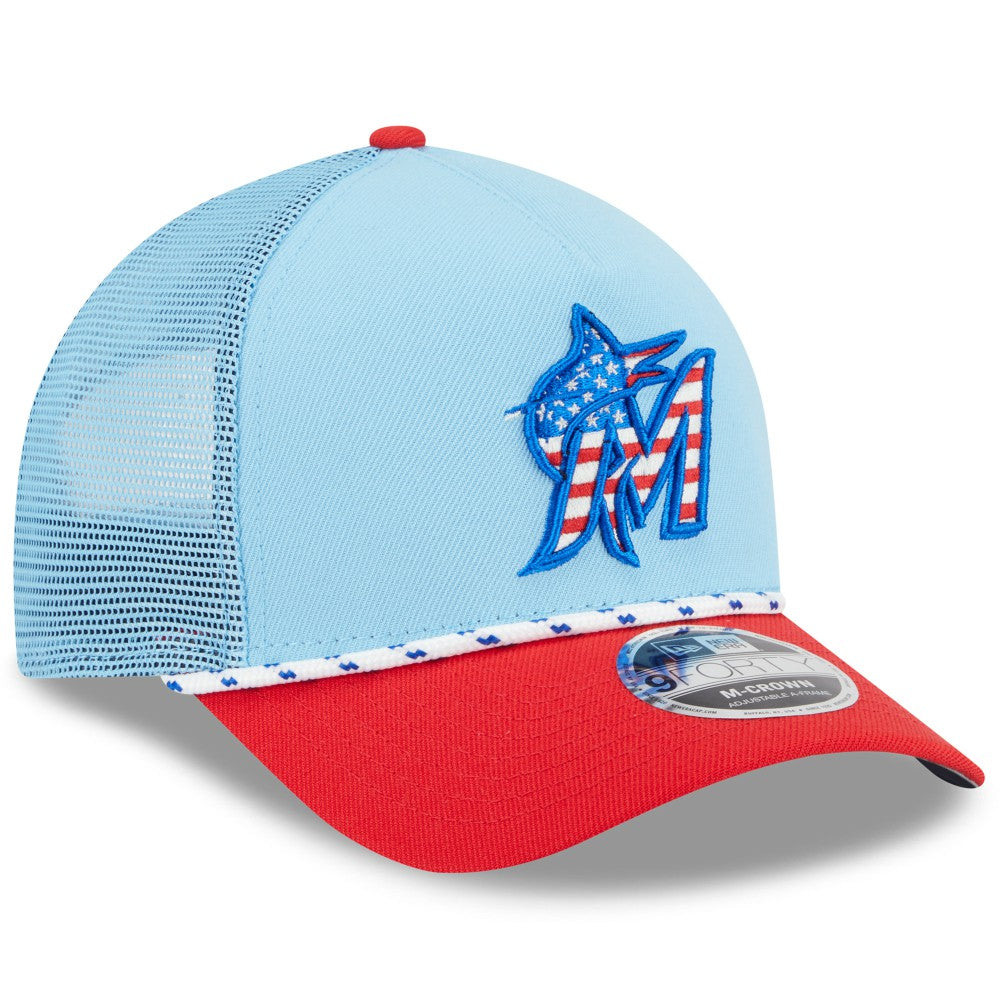 Miami Marlins New Era 2025 Fourth of July 9FORTY A-Frame M-Crown Adjustable Trucker Hat Sale