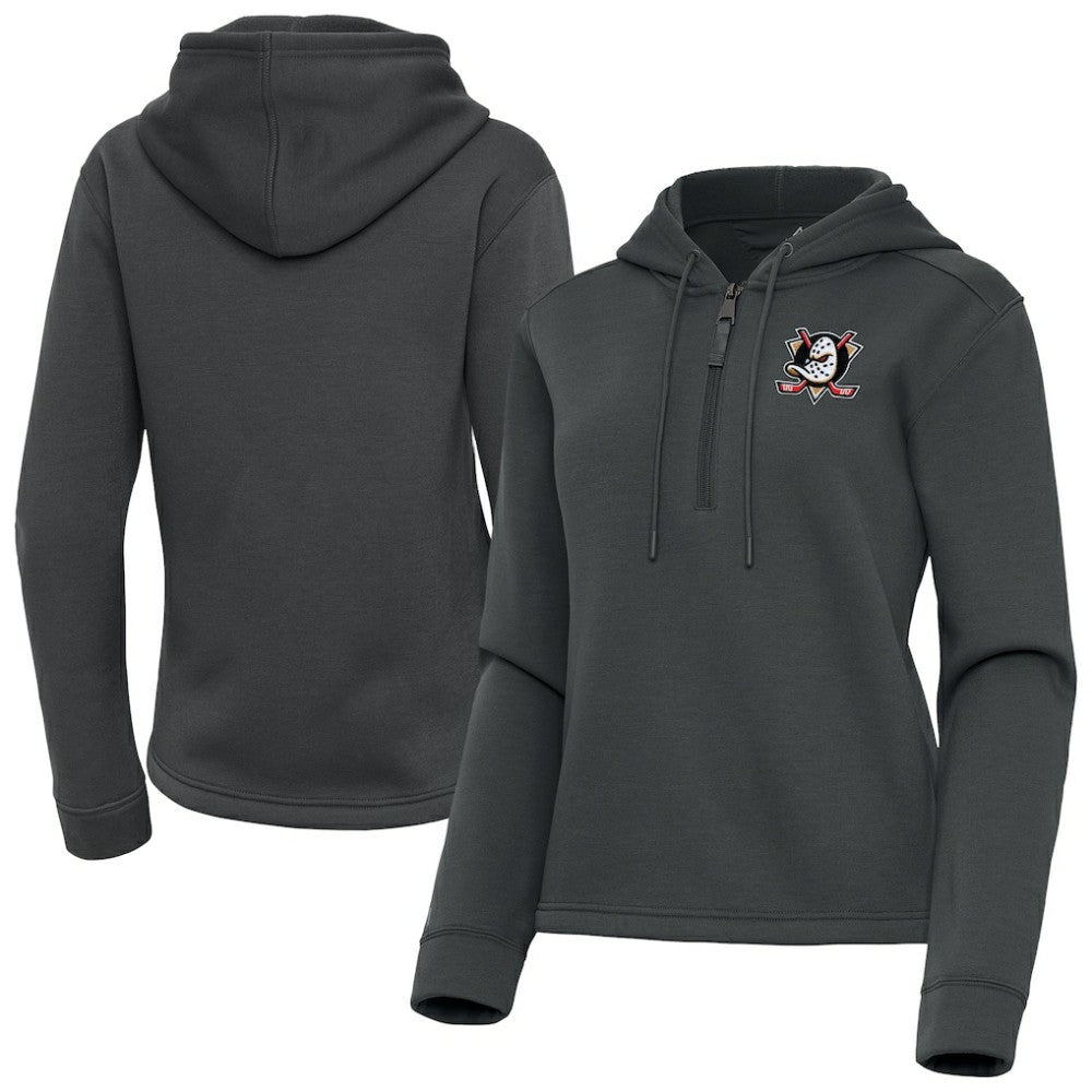 Anaheim Ducks Antigua Women's Contemporary Quarter-Zip Hoodie - Pewter | NHL Lifestyle