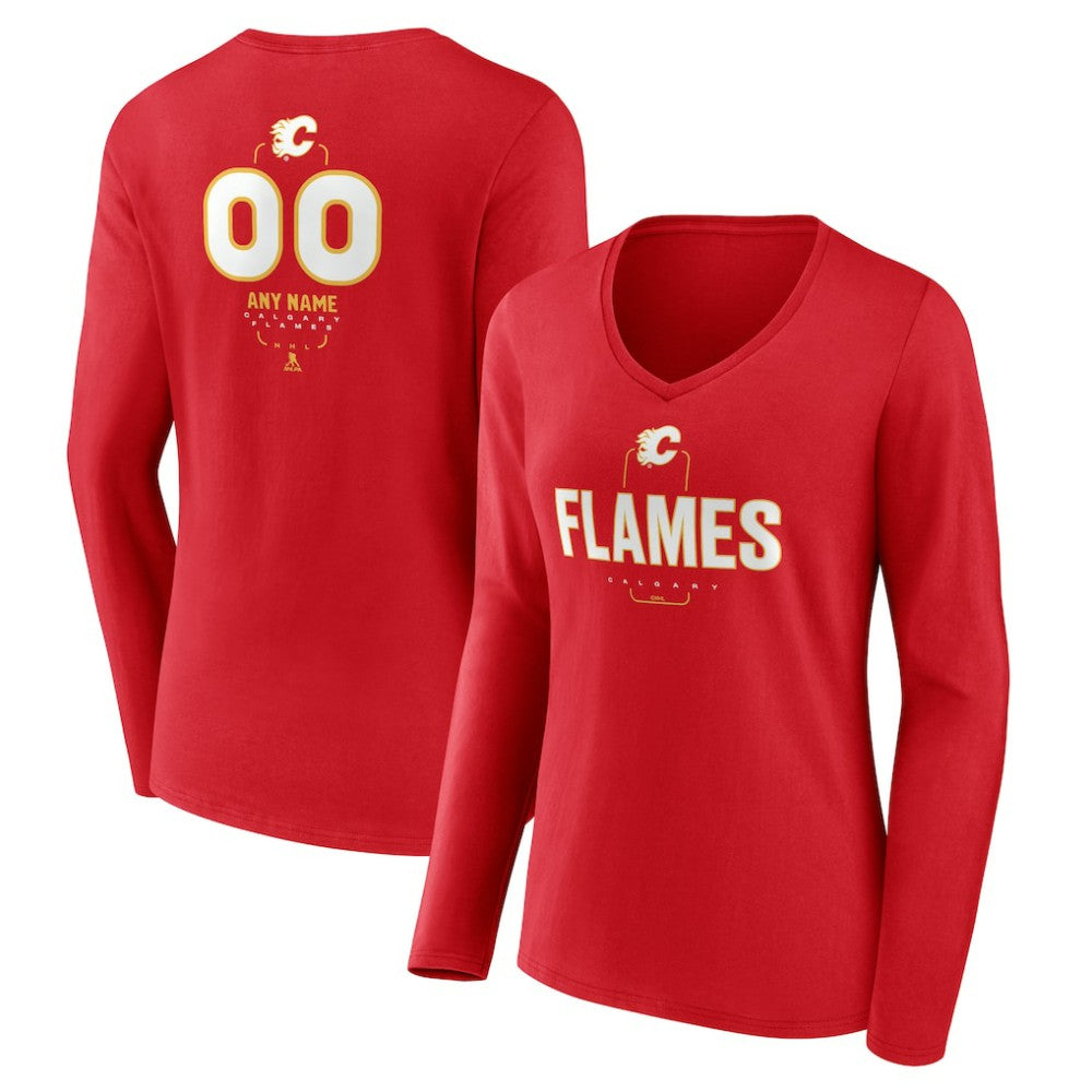 Calgary Flames Women's Personalized Name & Number Midfielder Long Sleeve V-Neck T-Shirt - Red | NHL Clearance