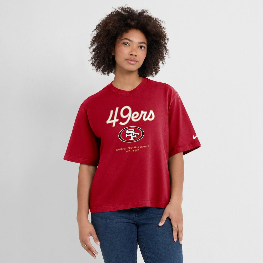 San Francisco 49ers Women's Essential Script Relaxed Boxy T-Shirt - Scarlet - Nike