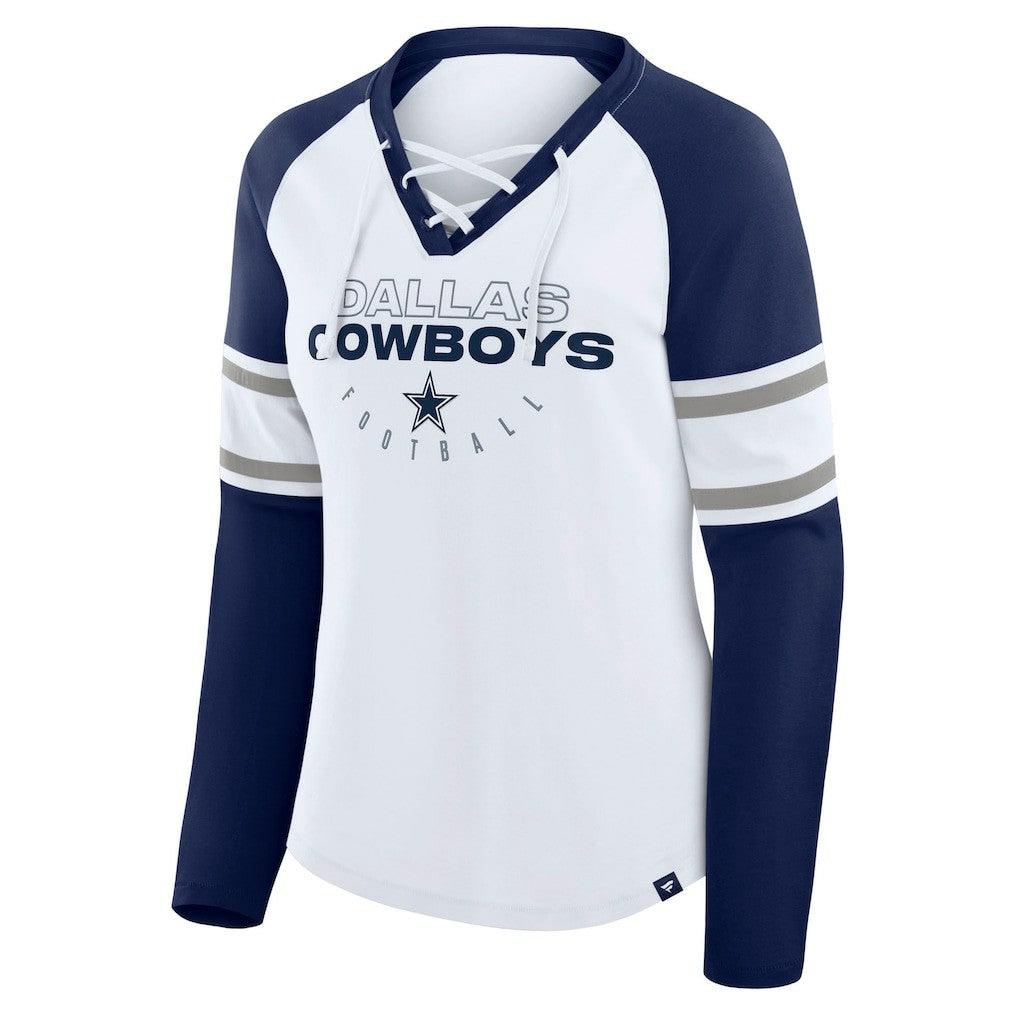 Dallas Cowboys Women's Redzone Blitz Package Raglan Lace-Up V-Neck Long Sleeve T-Shirt - White/Navy - Fanatics