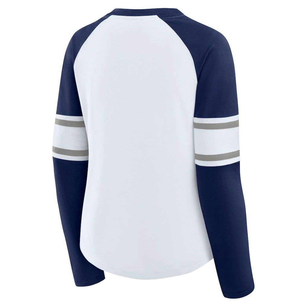 Dallas Cowboys Women's Redzone Blitz Package Raglan Lace-Up V-Neck Long Sleeve T-Shirt - White/Navy - Fanatics
