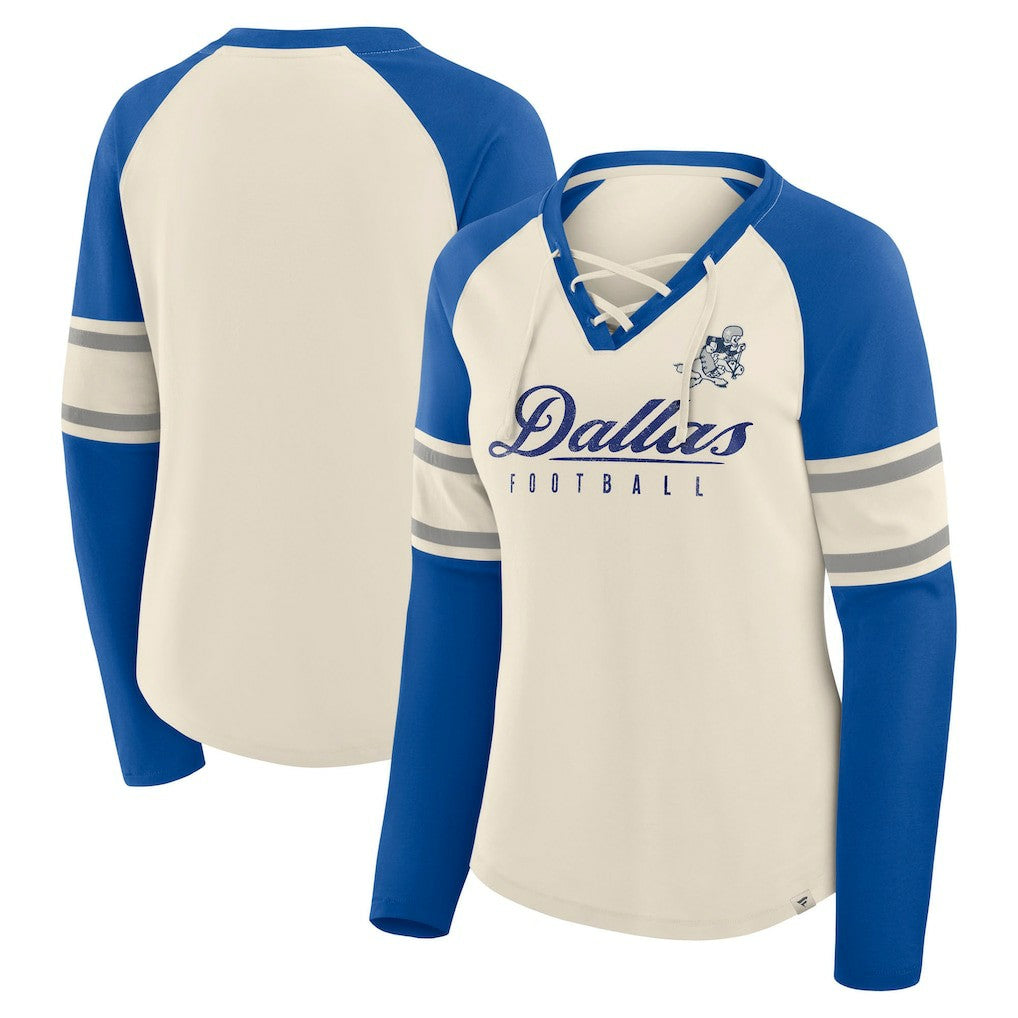Dallas Cowboys Women's Hometown Gridiron Hero Raglan Lace-Up V-Neck Long Sleeve T-Shirt - Cream/Royal - Fanatics