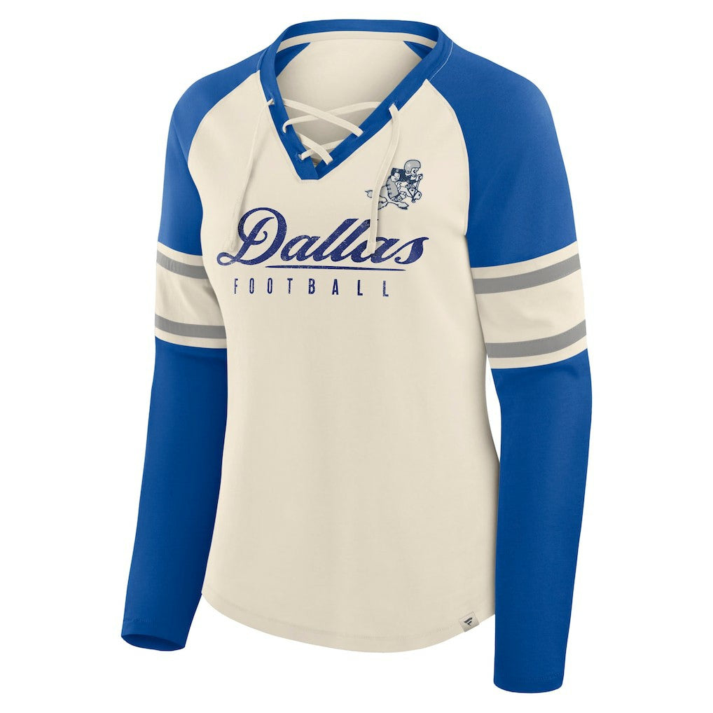 Dallas Cowboys Women's Hometown Gridiron Hero Raglan Lace-Up V-Neck Long Sleeve T-Shirt - Cream/Royal - Fanatics
