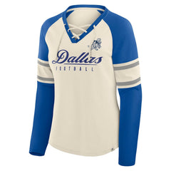 Dallas Cowboys Women's Hometown Gridiron Hero Raglan Lace-Up V-Neck Long Sleeve T-Shirt - Cream/Royal - Fanatics