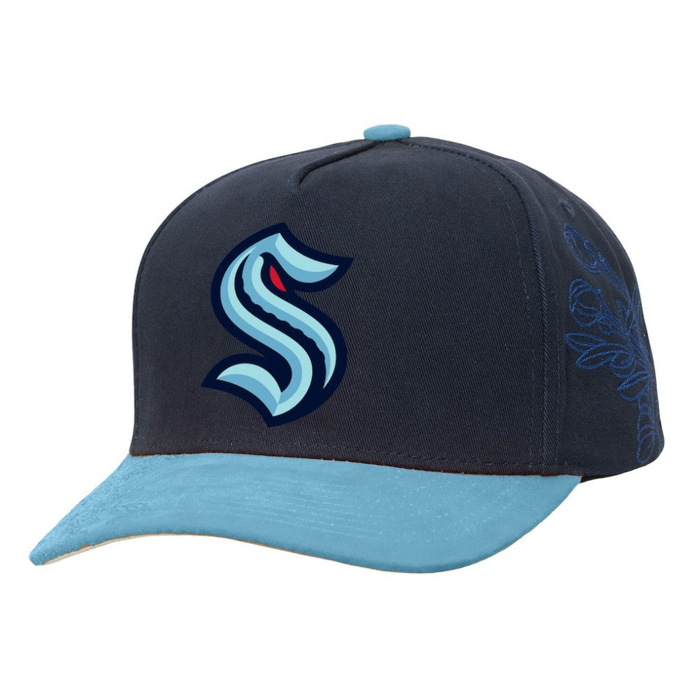 Seattle Kraken Mitchell & Ness May Flowers Pro Crown Adjustable Hat - Navy/Light Blue | NHL near me
