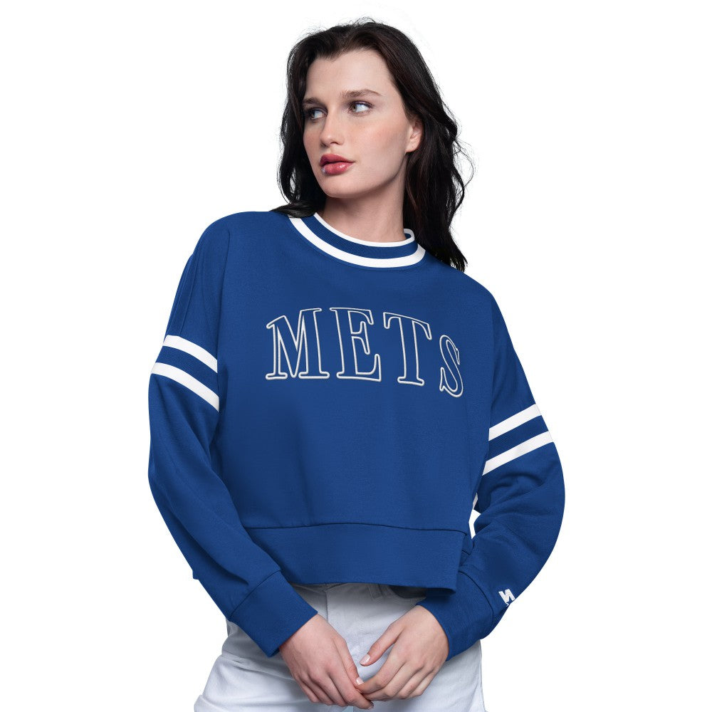 New York Mets Starter Women's Power Play Cropped Pullover Sweatshirt Sale