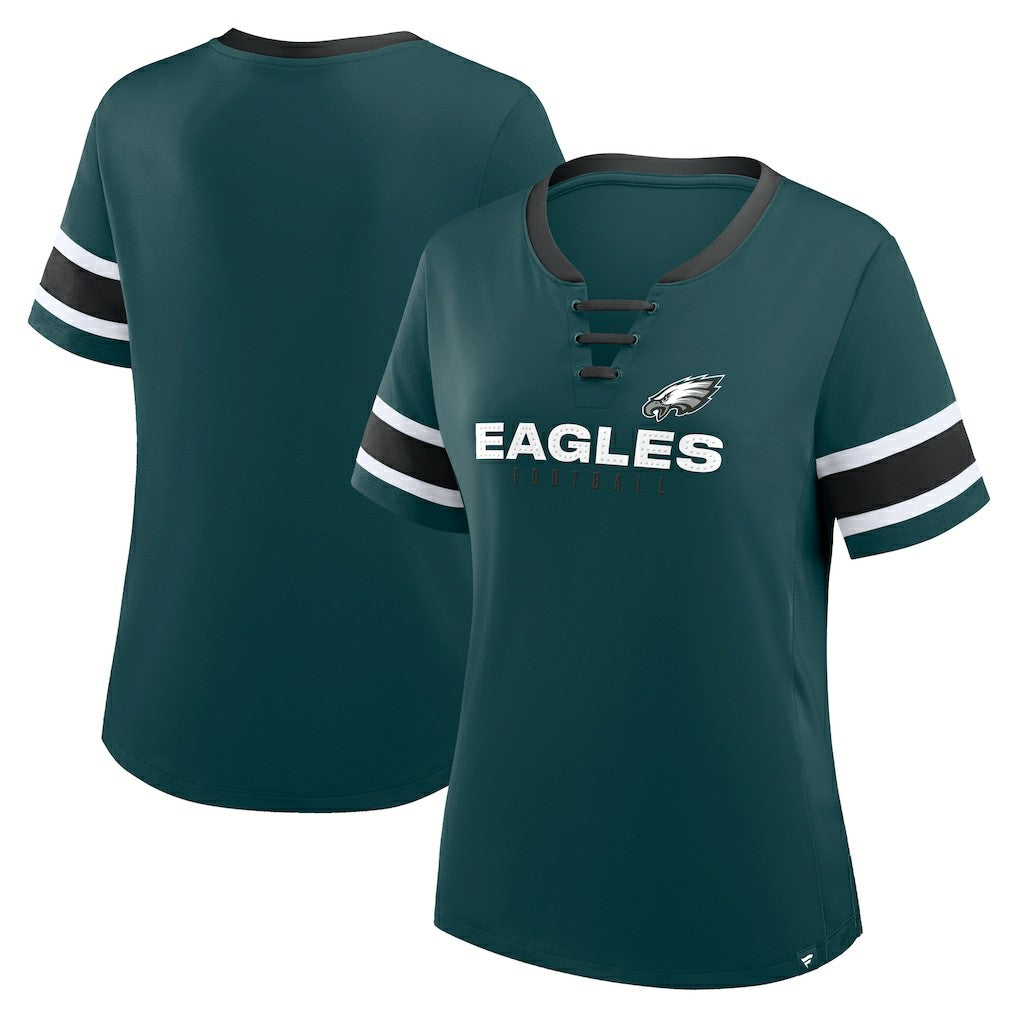 Philadelphia Eagles Women's Redzone Draw Play Athena Lace-Up T-Shirt - Midnight Green - Fanatics
