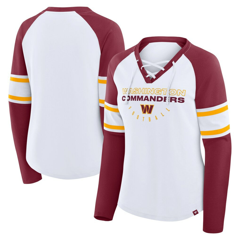 Washington Commanders Women's Redzone Blitz Package Raglan Lace-Up V-Neck Long Sleeve T-Shirt - White/Burgundy - Fanatics