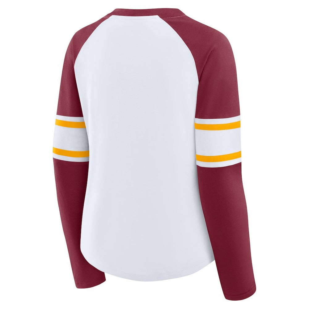 Washington Commanders Women's Redzone Blitz Package Raglan Lace-Up V-Neck Long Sleeve T-Shirt - White/Burgundy - Fanatics