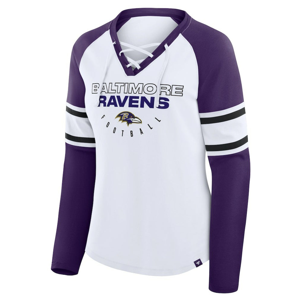 Baltimore Ravens Women's Redzone Blitz Package Raglan Lace-Up V-Neck Long Sleeve T-Shirt - White/Purple - Fanatics