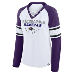 Baltimore Ravens Women's Redzone Blitz Package Raglan Lace-Up V-Neck Long Sleeve T-Shirt - White/Purple - Fanatics