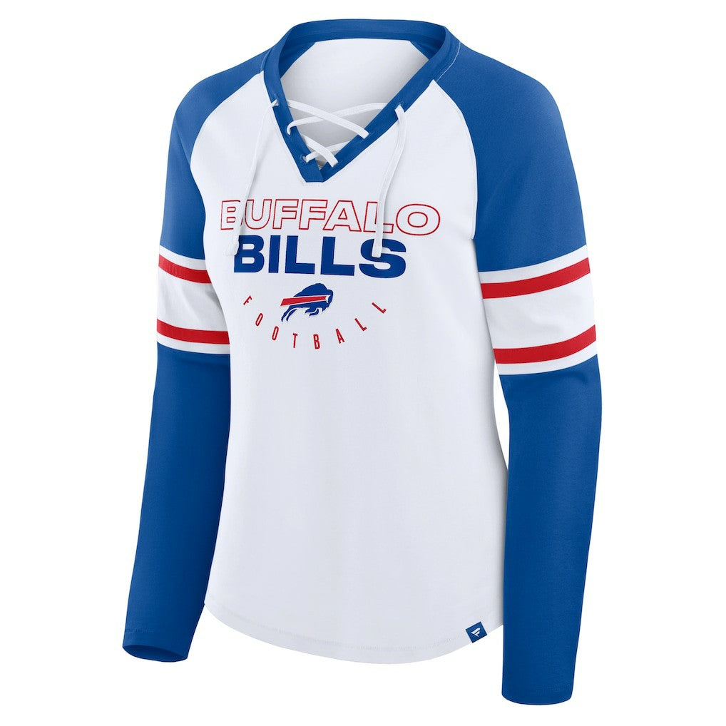 Buffalo Bills Women's Redzone Blitz Package Raglan Lace-Up V-Neck Long Sleeve T-Shirt - White/Royal - Fanatics