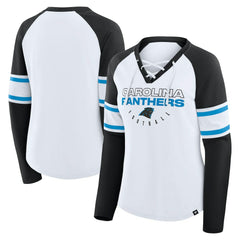 Carolina Panthers Women's Redzone Blitz Package Raglan Lace-Up V-Neck Long Sleeve T-Shirt - White/Black - Fanatics