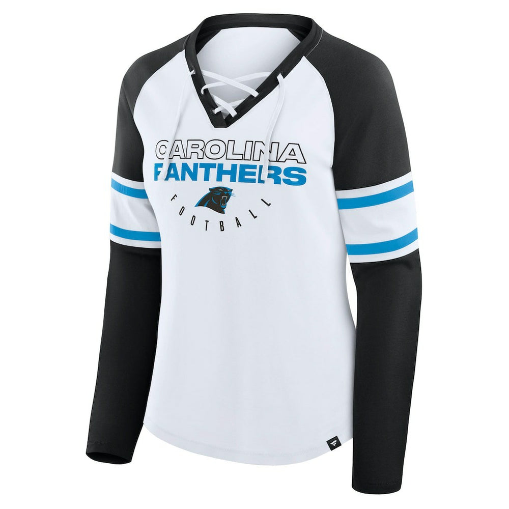Carolina Panthers Women's Redzone Blitz Package Raglan Lace-Up V-Neck Long Sleeve T-Shirt - White/Black - Fanatics
