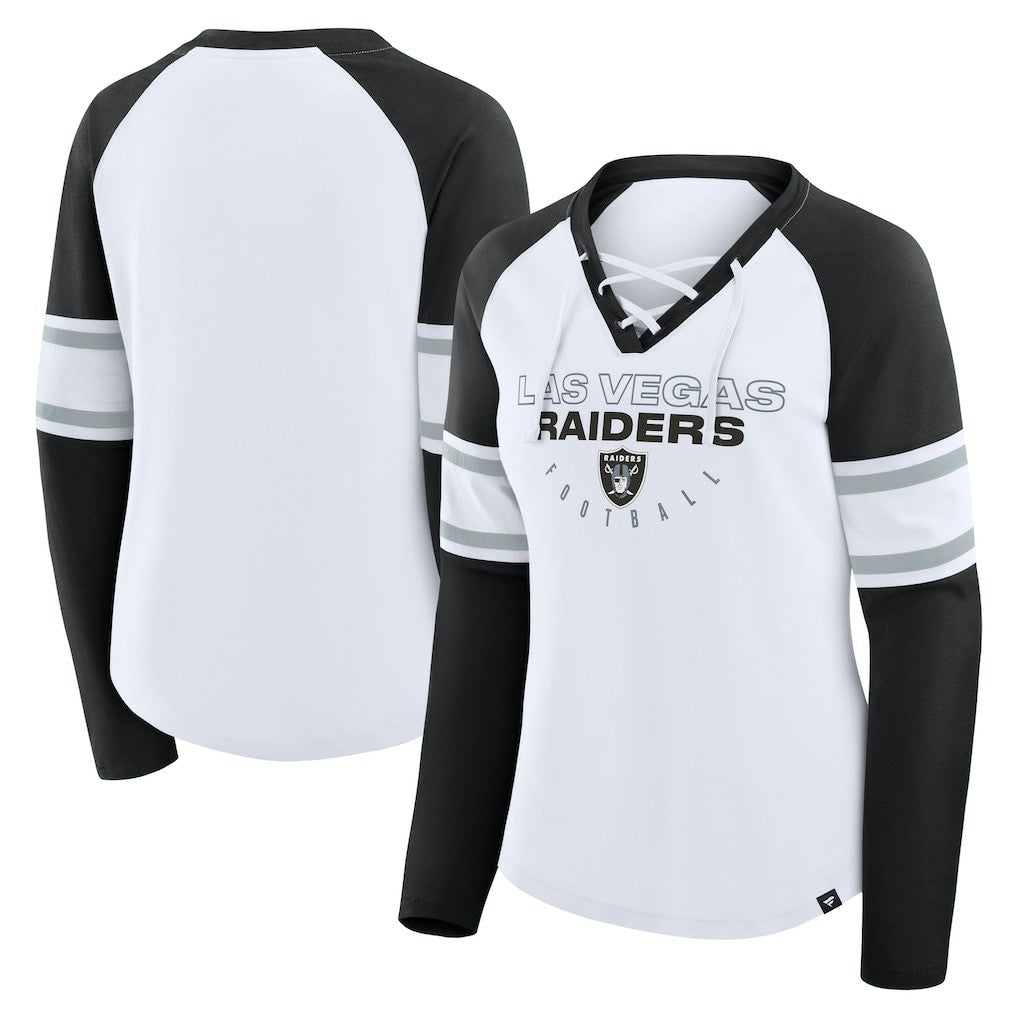 Las Vegas Raiders Women's Redzone Blitz Package Raglan Lace-Up V-Neck Long Sleeve T-Shirt - White/Black - Fanatics