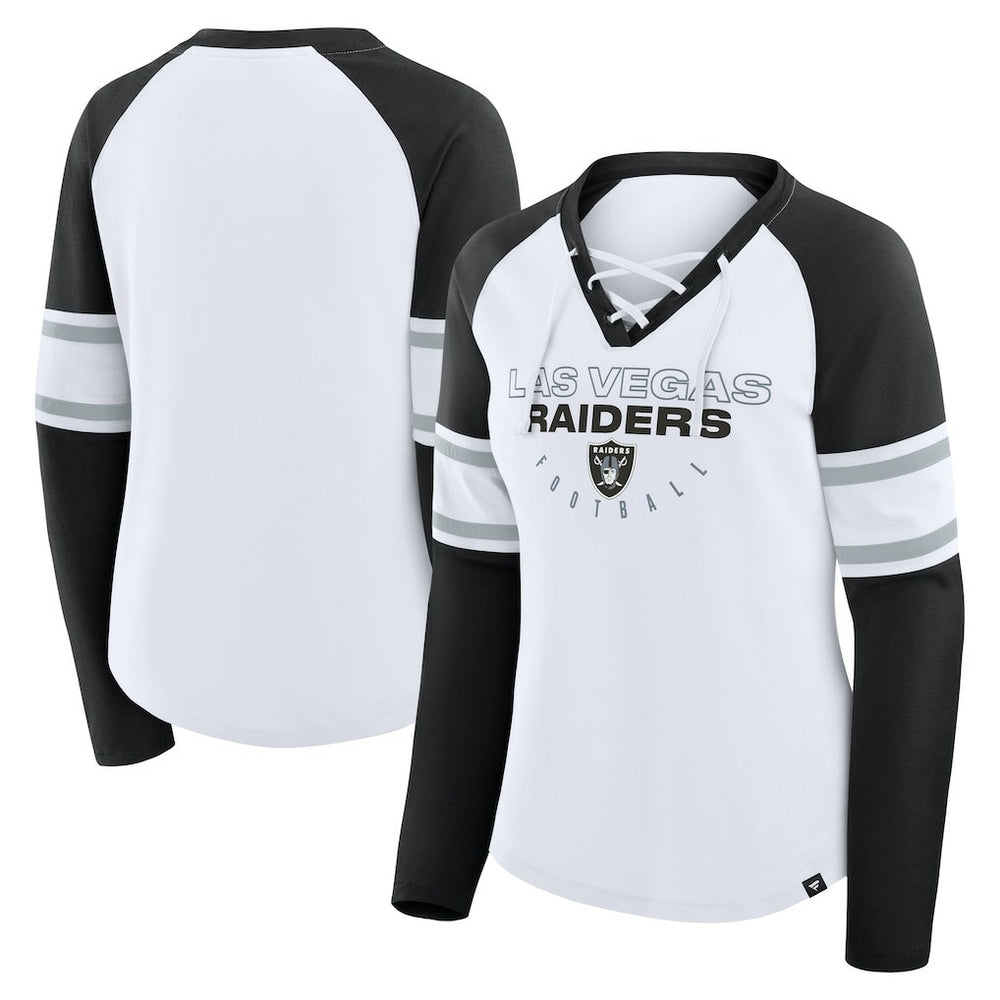 Las Vegas Raiders Women's Redzone Blitz Package Raglan Lace-Up V-Neck Long Sleeve T-Shirt - White/Black - Fanatics