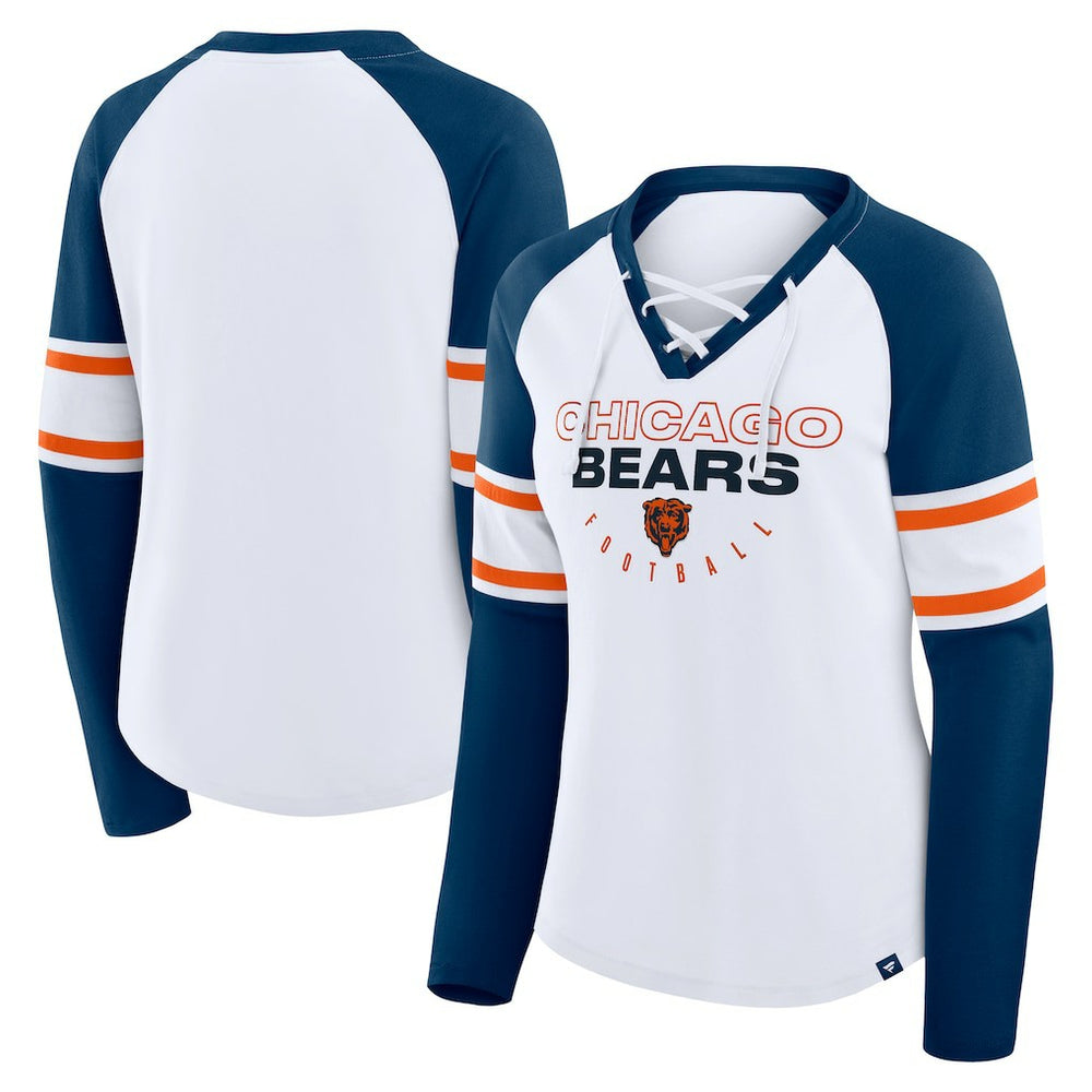Chicago Bears Women's Redzone Blitz Package Raglan Lace-Up V-Neck Long Sleeve T-Shirt - White/Navy - Fanatics