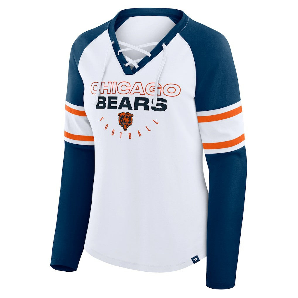 Chicago Bears Women's Redzone Blitz Package Raglan Lace-Up V-Neck Long Sleeve T-Shirt - White/Navy - Fanatics