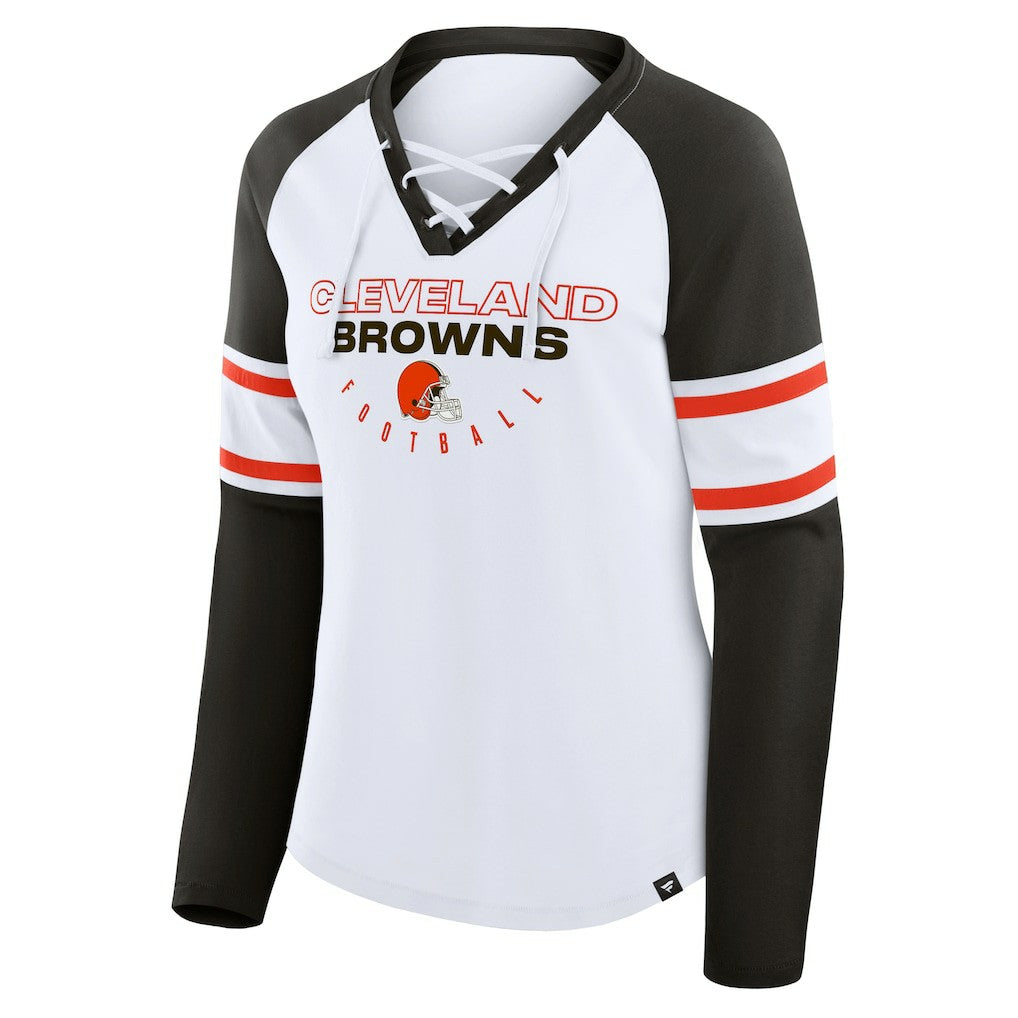 Cleveland Browns Women's Redzone Blitz Package Raglan Lace-Up V-Neck Long Sleeve T-Shirt - White/Brown - Fanatics