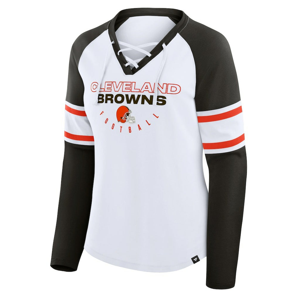 Cleveland Browns Women's Redzone Blitz Package Raglan Lace-Up V-Neck Long Sleeve T-Shirt - White/Brown - Fanatics