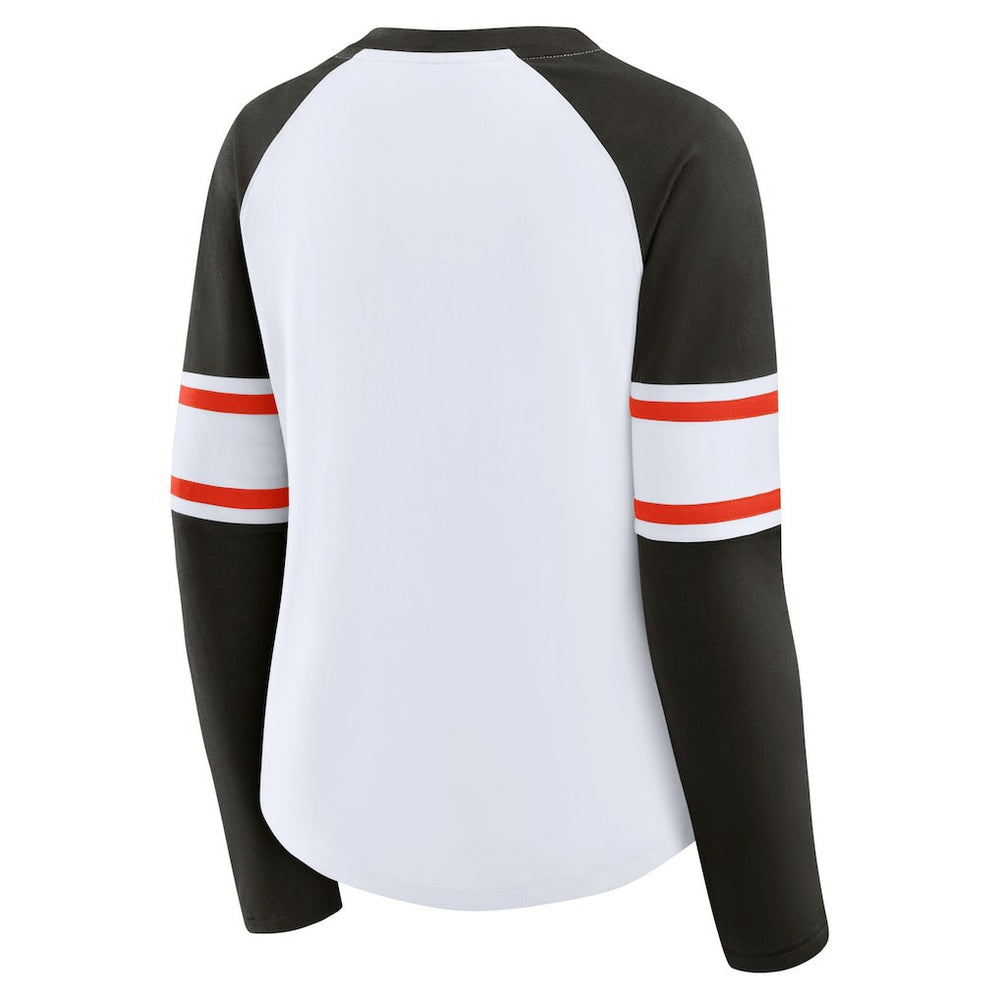 Cleveland Browns Women's Redzone Blitz Package Raglan Lace-Up V-Neck Long Sleeve T-Shirt - White/Brown - Fanatics