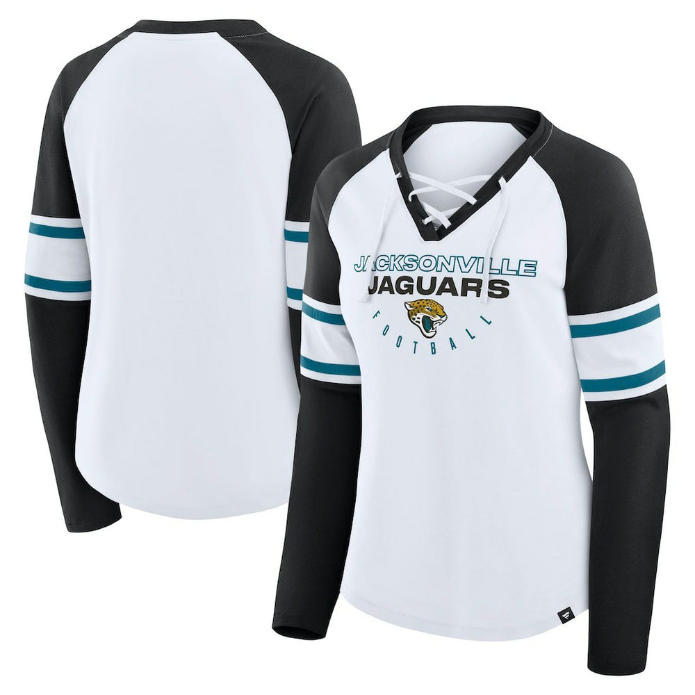 Jacksonville Jaguars Women's Redzone Blitz Package Raglan Lace-Up V-Neck Long Sleeve T-Shirt - White/Black - Fanatics