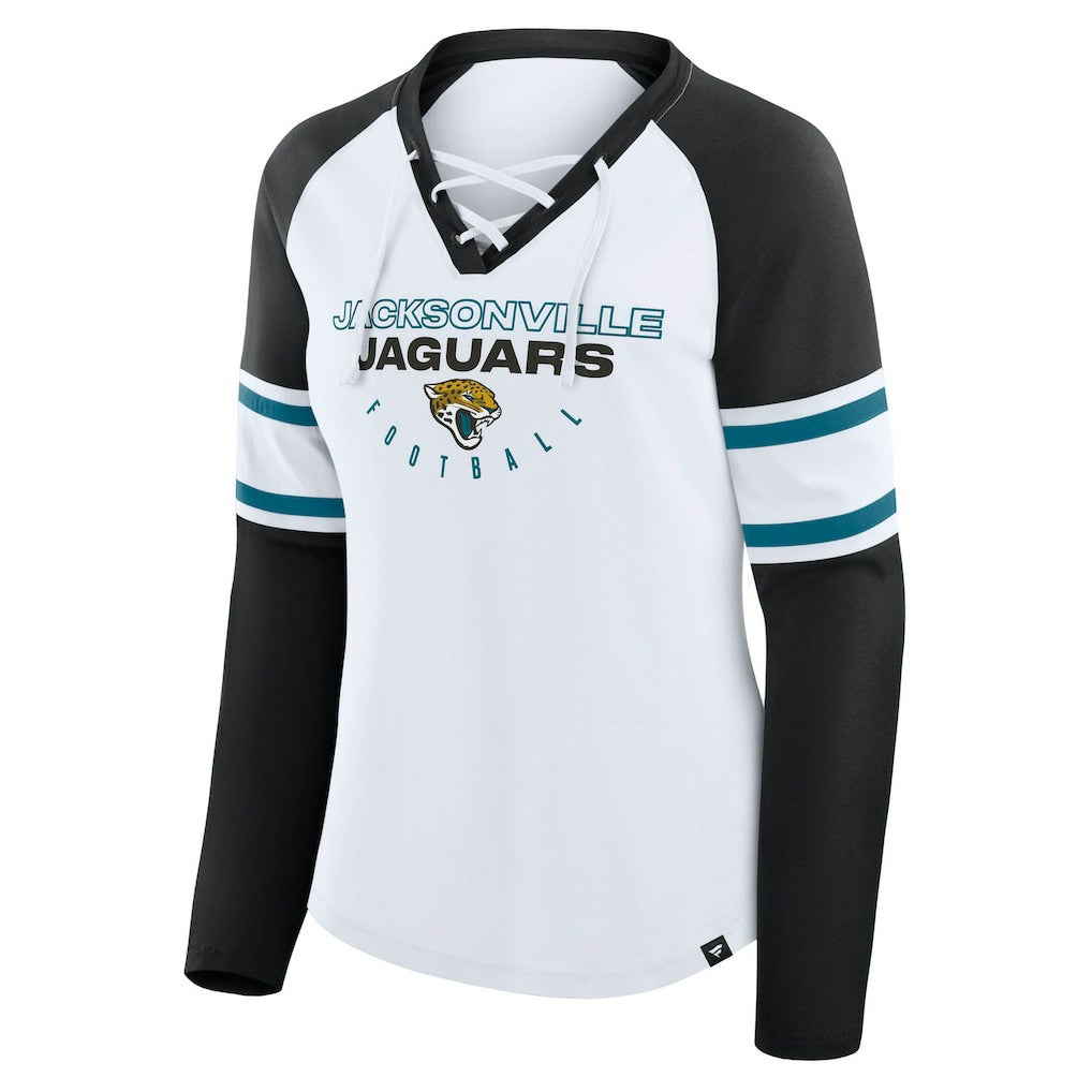 Jacksonville Jaguars Women's Redzone Blitz Package Raglan Lace-Up V-Neck Long Sleeve T-Shirt - White/Black - Fanatics