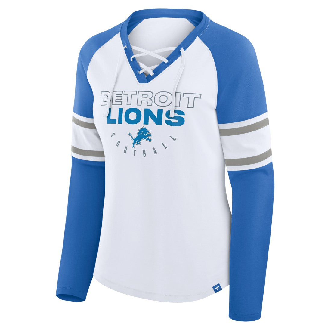 Detroit Lions Women's Redzone Blitz Package Raglan Lace-Up V-Neck Long Sleeve T-Shirt - White/Blue - Fanatics