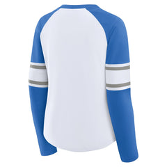 Detroit Lions Women's Redzone Blitz Package Raglan Lace-Up V-Neck Long Sleeve T-Shirt - White/Blue - Fanatics