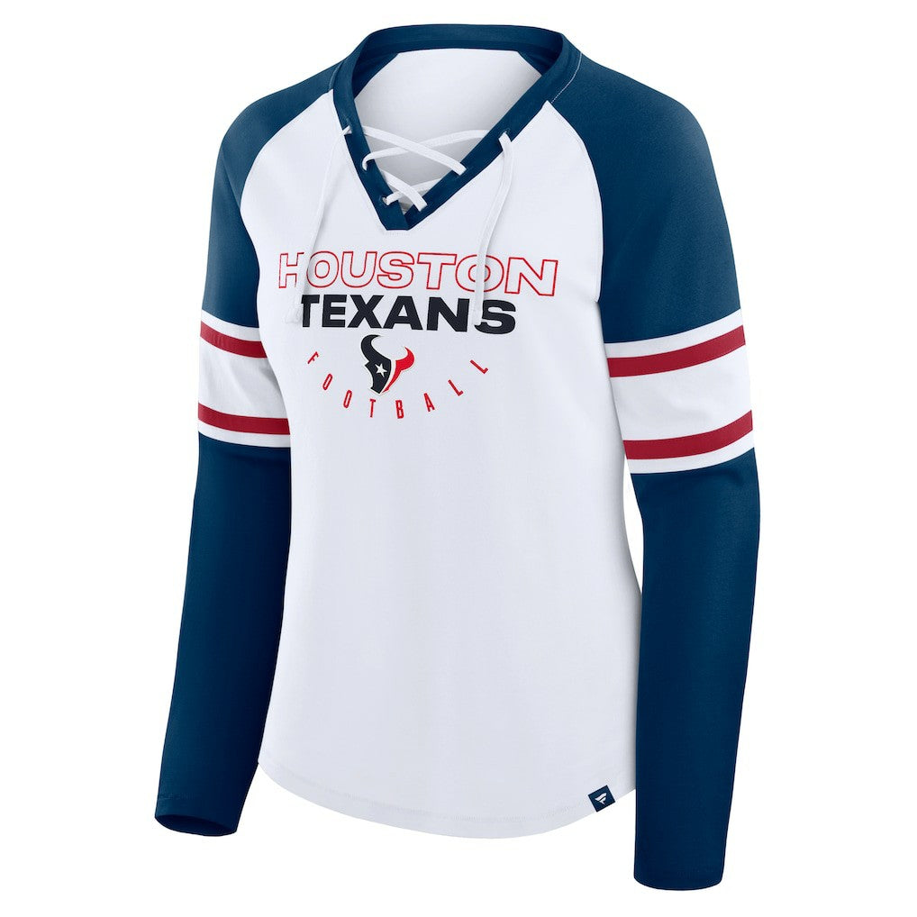 Houston Texans Women's Redzone Blitz Package Raglan Lace-Up V-Neck Long Sleeve T-Shirt - White/Navy - Fanatics