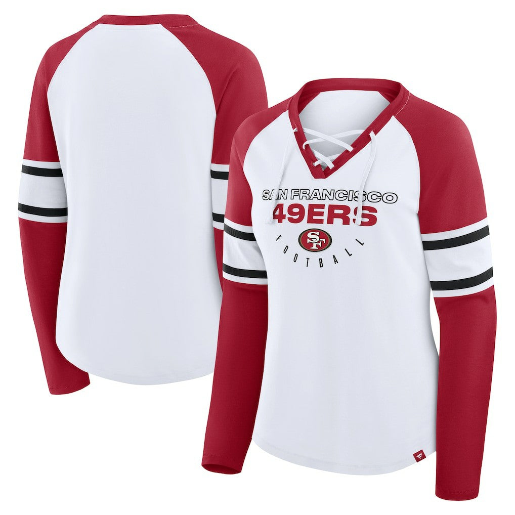 San Francisco 49ers Women's Redzone Blitz Package Raglan Lace-Up V-Neck Long Sleeve T-Shirt - White/Scarlet - Fanatics
