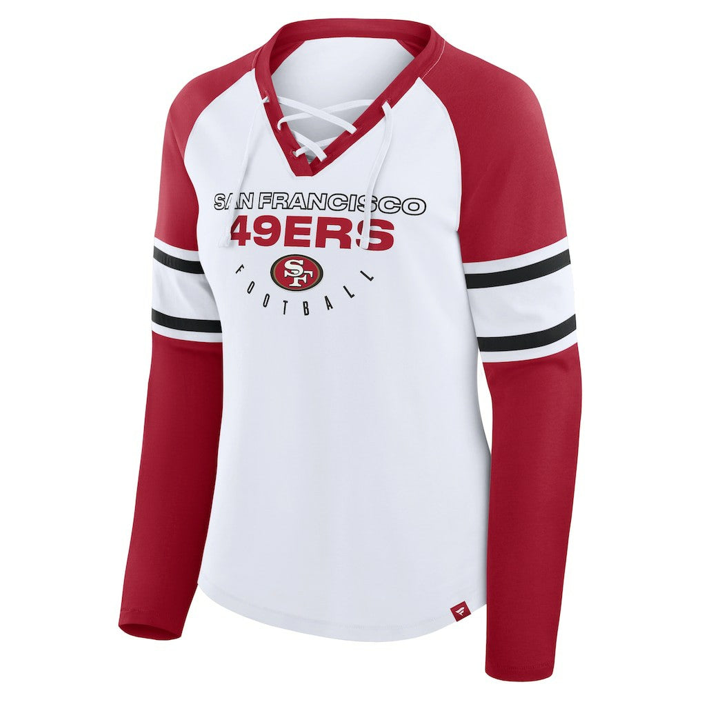 San Francisco 49ers Women's Redzone Blitz Package Raglan Lace-Up V-Neck Long Sleeve T-Shirt - White/Scarlet - Fanatics