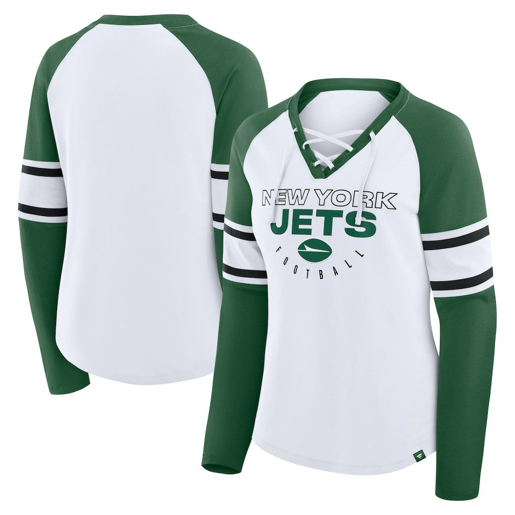 New York Jets Women's Redzone Blitz Package Raglan Lace-Up V-Neck Long Sleeve T-Shirt - White/Green - Fanatics