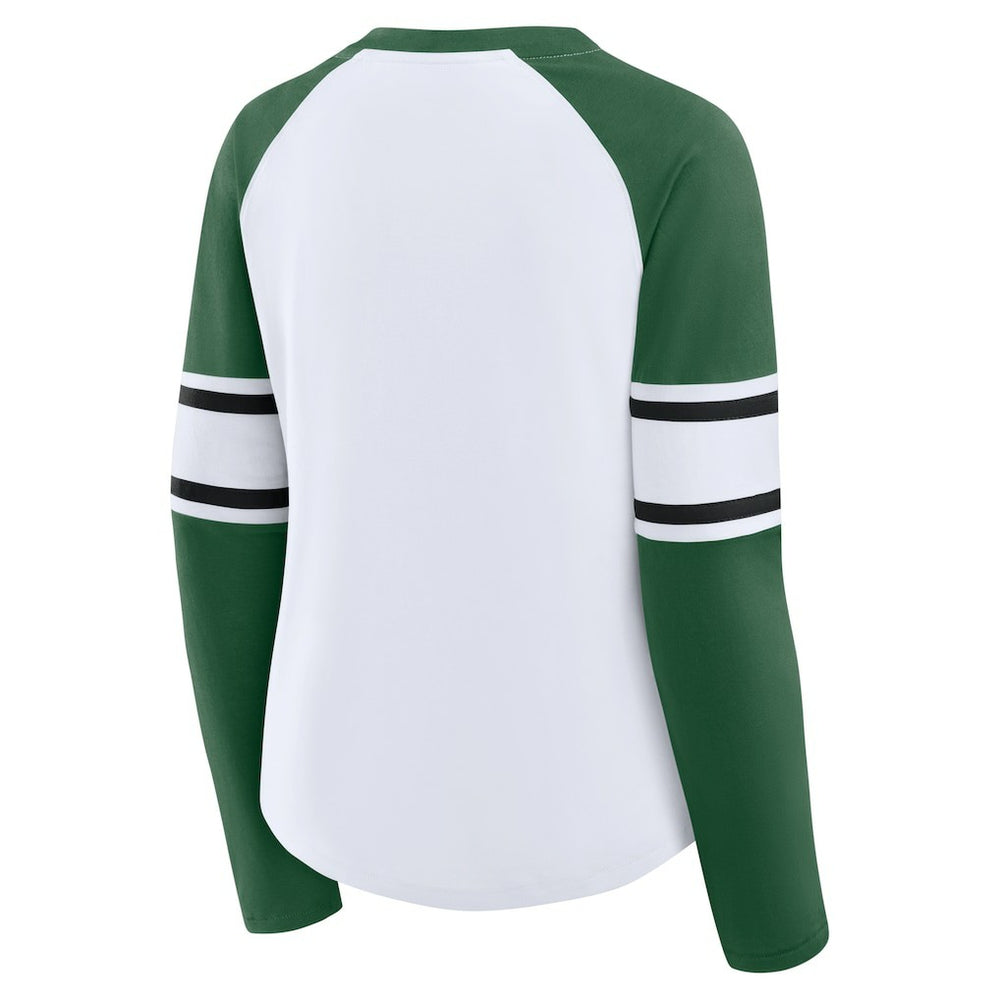 New York Jets Women's Redzone Blitz Package Raglan Lace-Up V-Neck Long Sleeve T-Shirt - White/Green - Fanatics