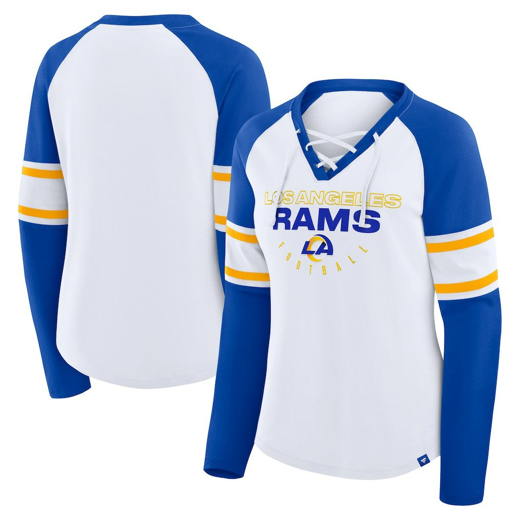 Los Angeles Rams Women's Redzone Blitz Package Raglan Lace-Up V-Neck Long Sleeve T-Shirt - White/Royal - Fanatics