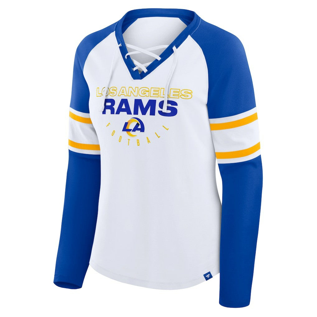 Los Angeles Rams Women's Redzone Blitz Package Raglan Lace-Up V-Neck Long Sleeve T-Shirt - White/Royal - Fanatics