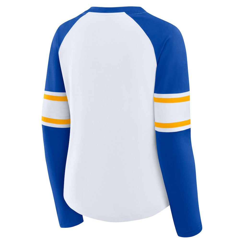 Los Angeles Rams Women's Redzone Blitz Package Raglan Lace-Up V-Neck Long Sleeve T-Shirt - White/Royal - Fanatics