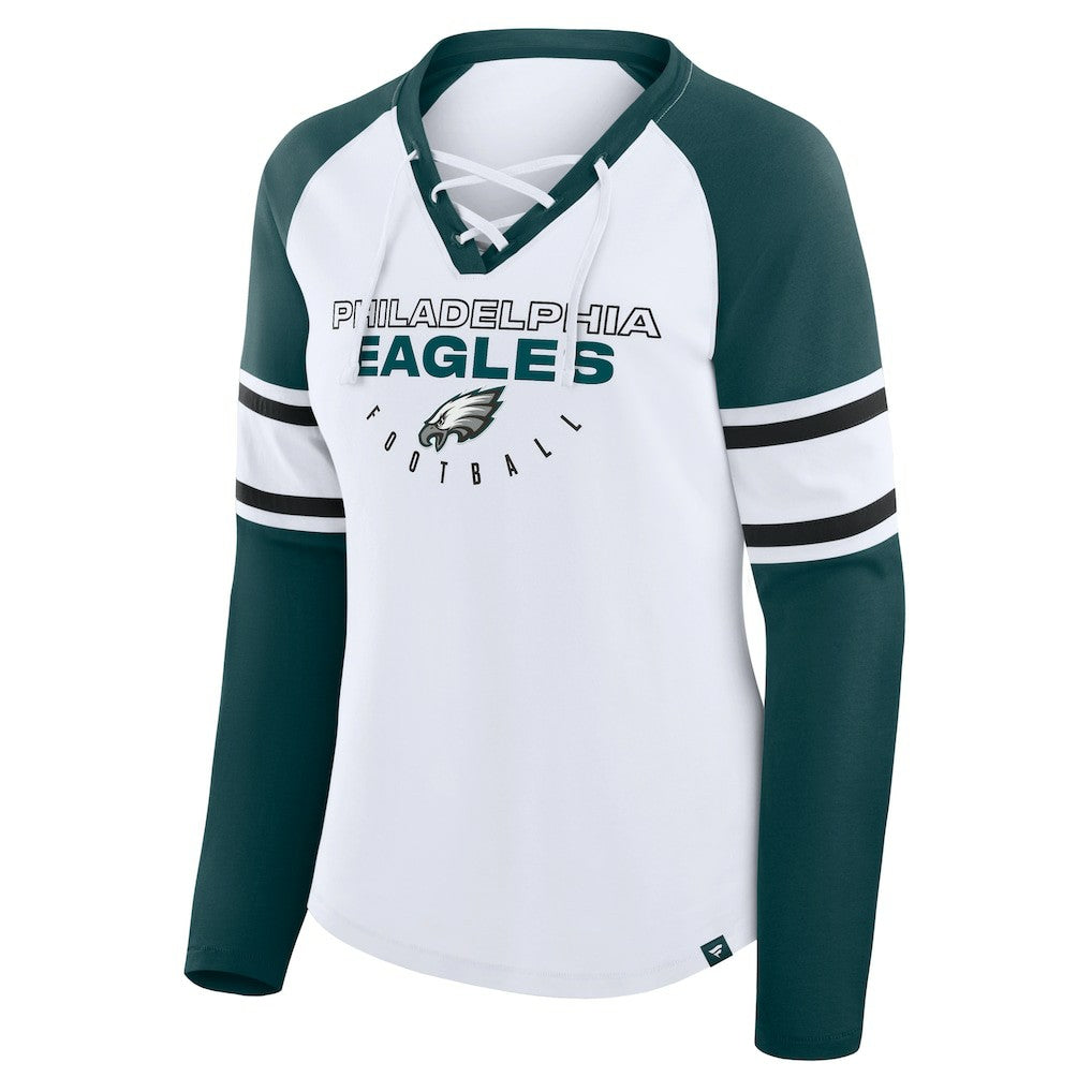 Philadelphia Eagles Women's Redzone Blitz Package Raglan Lace-Up V-Neck Long Sleeve T-Shirt - White/Green - Fanatics