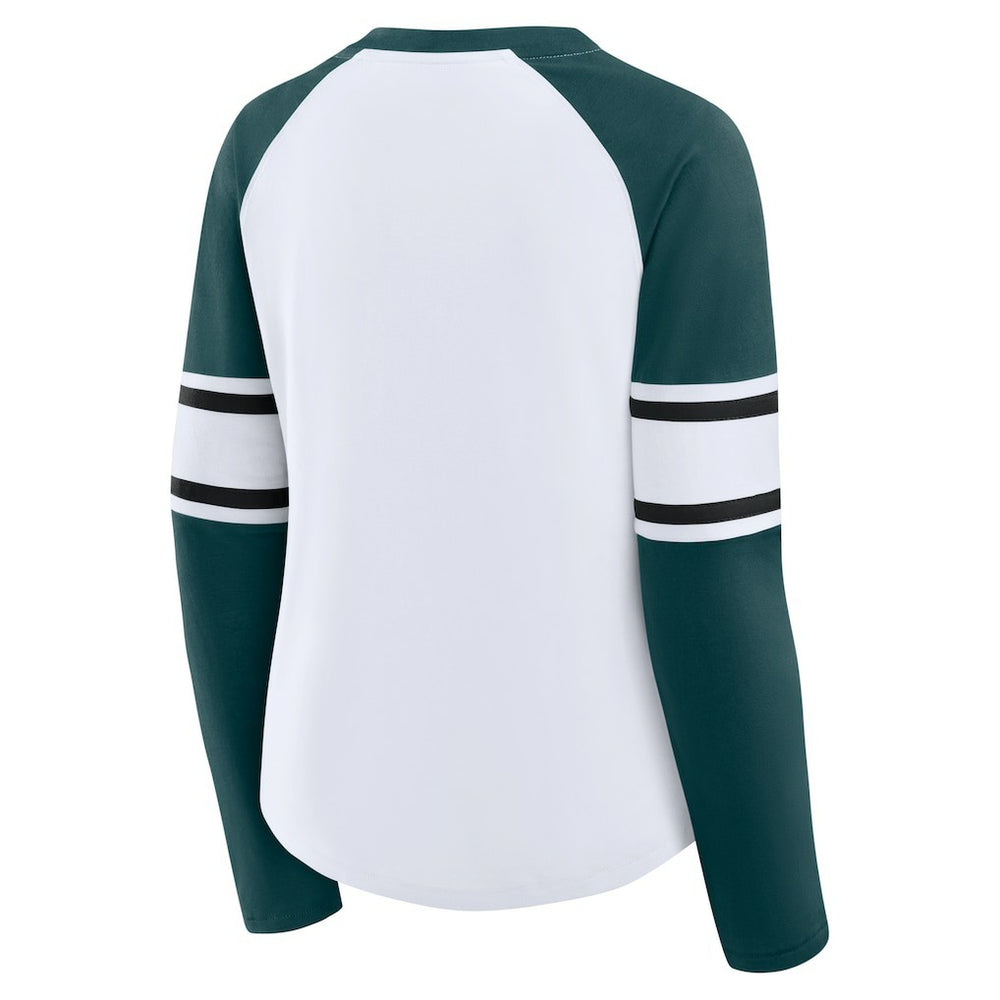 Philadelphia Eagles Women's Redzone Blitz Package Raglan Lace-Up V-Neck Long Sleeve T-Shirt - White/Green - Fanatics