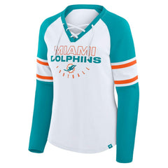 Miami Dolphins Women's Redzone Blitz Package Raglan Lace-Up V-Neck Long Sleeve T-Shirt - White/Aqua - Fanatics