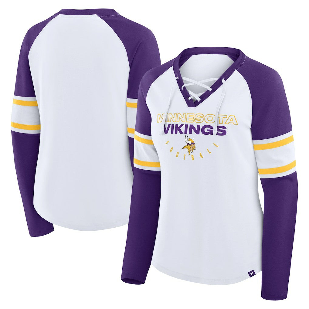 Minnesota Vikings Women's Redzone Blitz Package Raglan Lace-Up V-Neck Long Sleeve T-Shirt - White/Purple - Fanatics