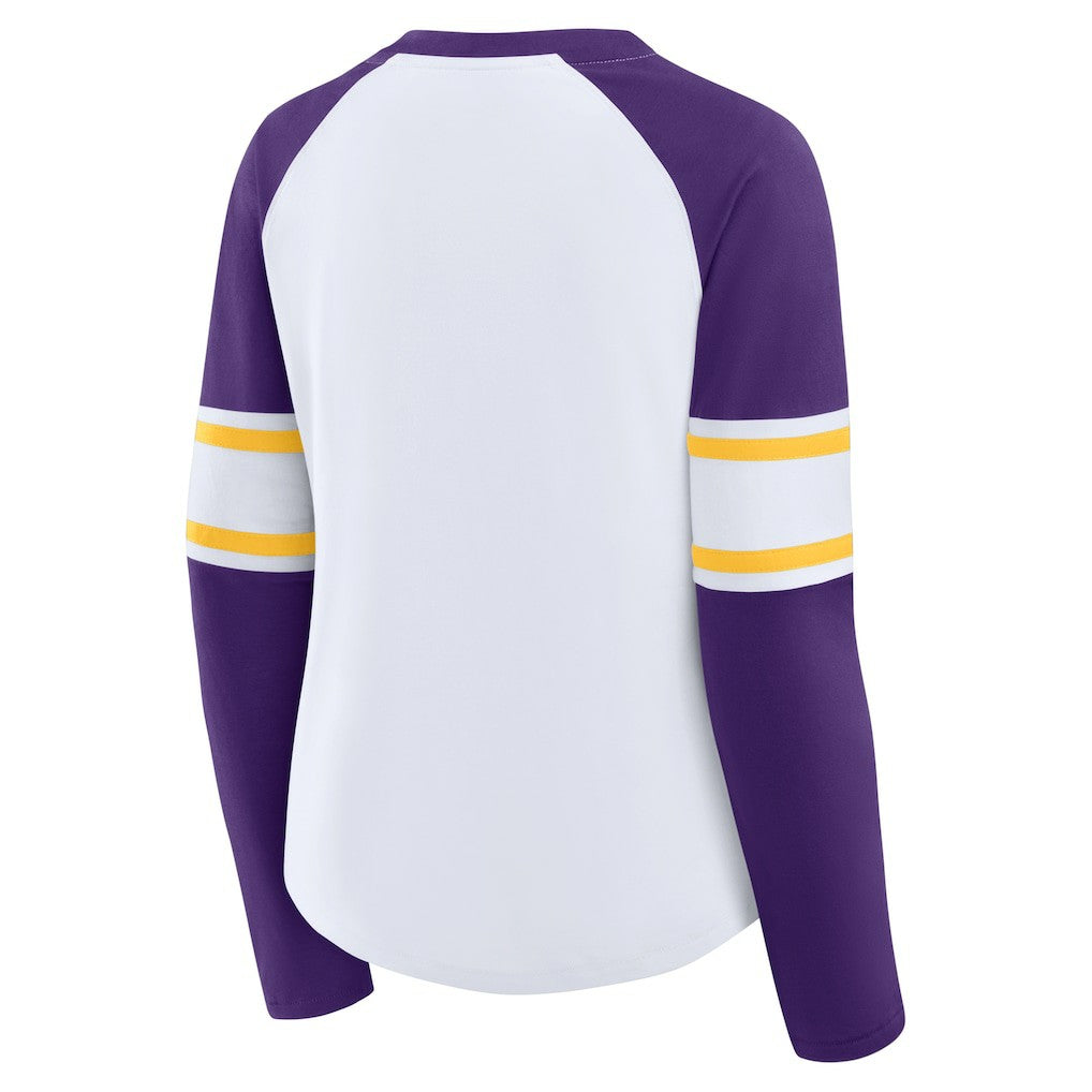 Minnesota Vikings Women's Redzone Blitz Package Raglan Lace-Up V-Neck Long Sleeve T-Shirt - White/Purple - Fanatics