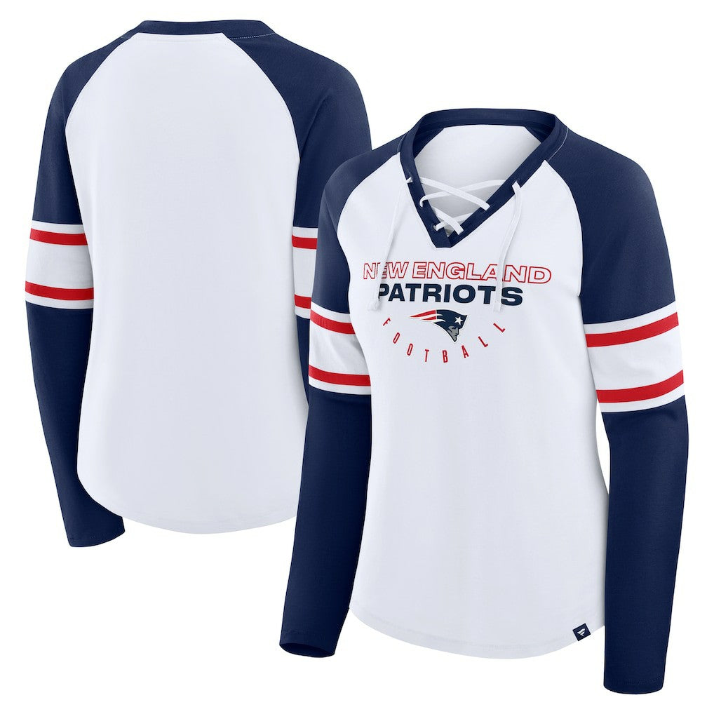 New England Patriots Women's Redzone Blitz Package Raglan Lace-Up V-Neck Long Sleeve T-Shirt - White/Navy - Fanatics