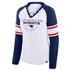 New England Patriots Women's Redzone Blitz Package Raglan Lace-Up V-Neck Long Sleeve T-Shirt - White/Navy - Fanatics