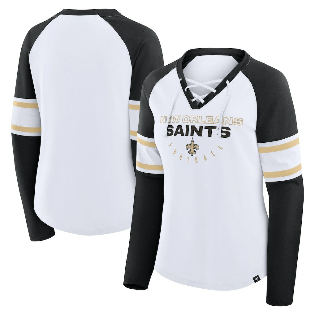 New Orleans Saints Women's Redzone Blitz Package Raglan Lace-Up V-Neck Long Sleeve T-Shirt - White/Black - Fanatics