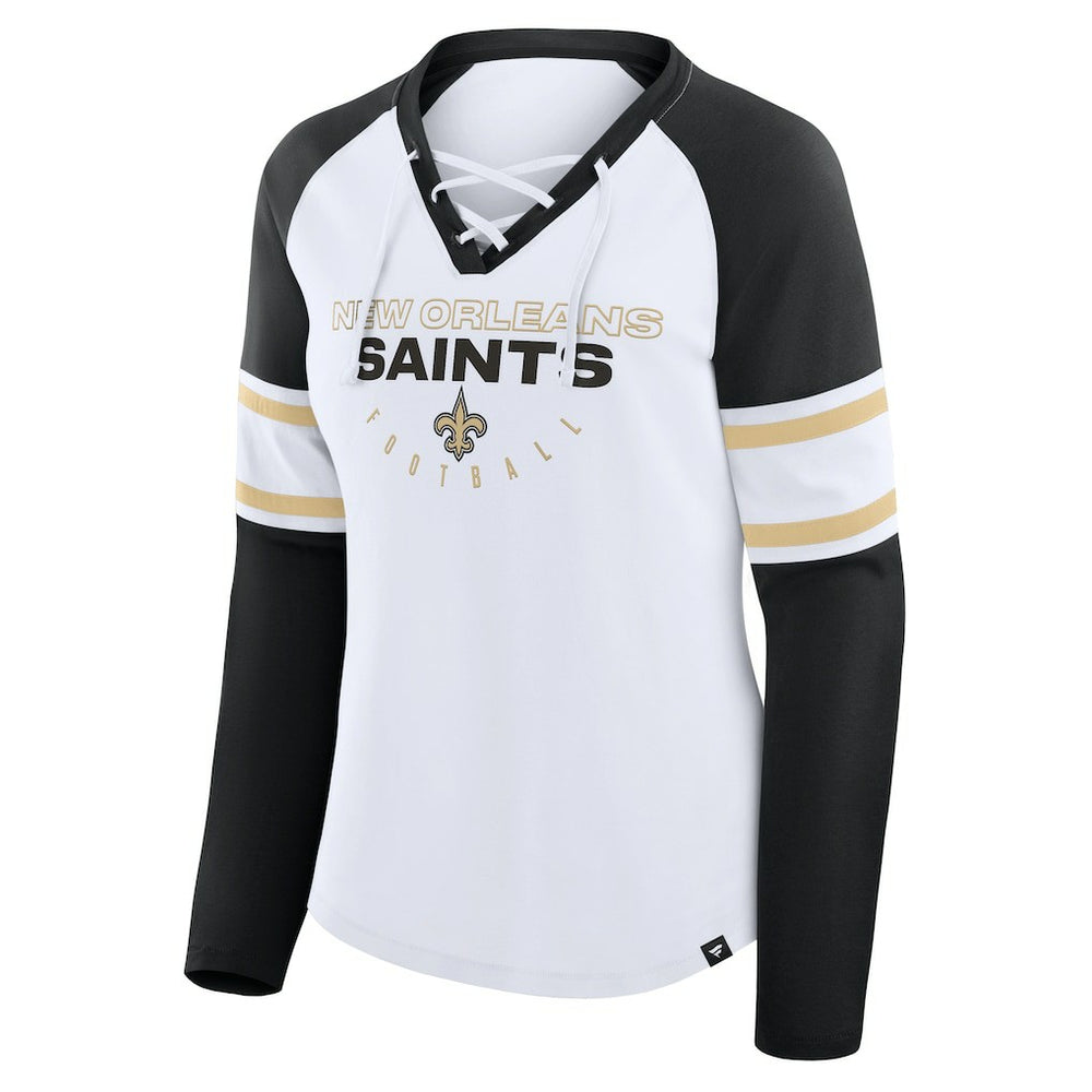 New Orleans Saints Women's Redzone Blitz Package Raglan Lace-Up V-Neck Long Sleeve T-Shirt - White/Black - Fanatics