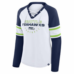 Seattle Seahawks Women's Redzone Blitz Package Raglan Lace-Up V-Neck Long Sleeve T-Shirt - White/College Navy - Fanatics
