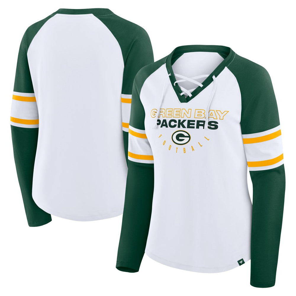 Green Bay Packers Women's Redzone Blitz Package Raglan Lace-Up V-Neck Long Sleeve T-Shirt - White/Green - Fanatics