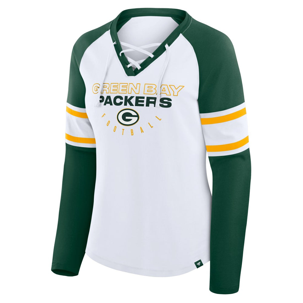 Green Bay Packers Women's Redzone Blitz Package Raglan Lace-Up V-Neck Long Sleeve T-Shirt - White/Green - Fanatics